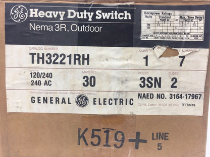 GE TH3221RH HEAVY DUTY SWITCH NEMA 3R OUTDOOR 120/240 VOLT 240 AC 30 AMP 3SN POL