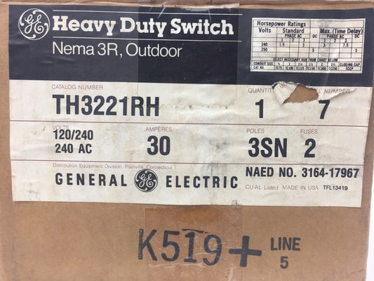 GE TH3221RH HEAVY DUTY SWITCH NEMA 3R OUTDOOR 120/240 VOLT 240 AC 30 AMP 3SN POL