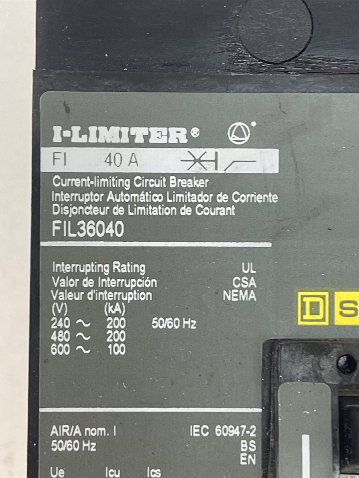 SQUARE D FIL36040 I-LIMITER CIRCUIT BREAKER 600VAC 40AMP 3POLE