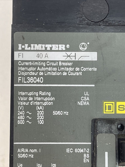 SQUARE D FIL36040 I-LIMITER CIRCUIT BREAKER 600VAC 40AMP 3POLE