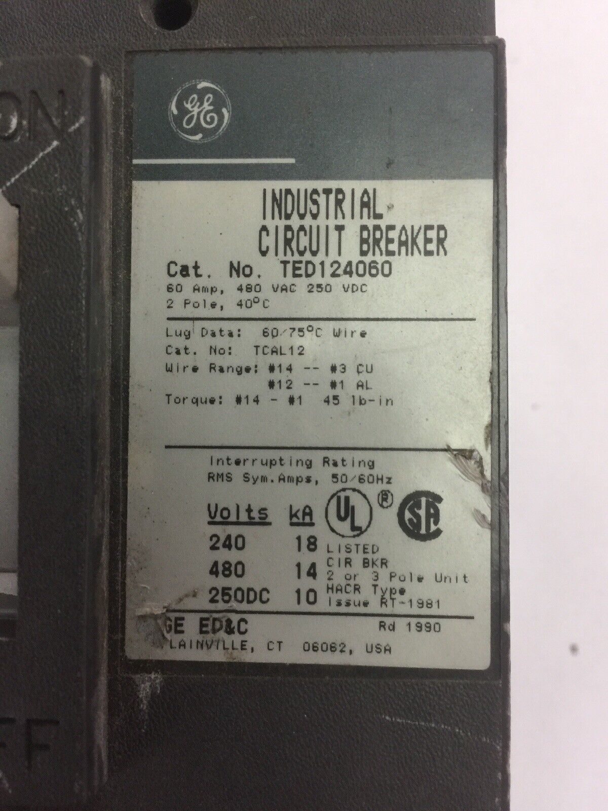 GE TED124060 INDUSTRIAL CIRCUIT BREAKER 60AMP 480VAC 250VDC 3 POLE