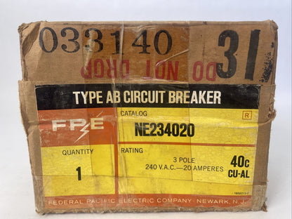 FPE NE234020 TYPE AB CIRCUIT BREAKER 240VAC 20AMP 3POLE