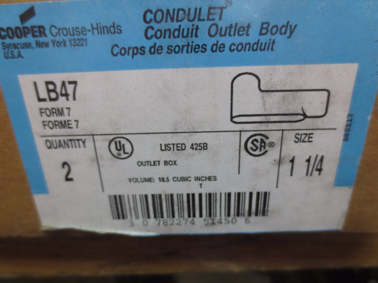 COOPER CROUSE-HINDS LB47 CONDULET CONDUIT OUTLET BOX 1-1/4 NEW SURPLUS, BOX of 2
