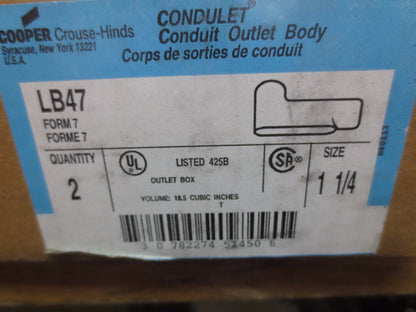 COOPER CROUSE-HINDS LB47 CONDULET CONDUIT OUTLET BOX 1-1/4 NEW SURPLUS, BOX of 2