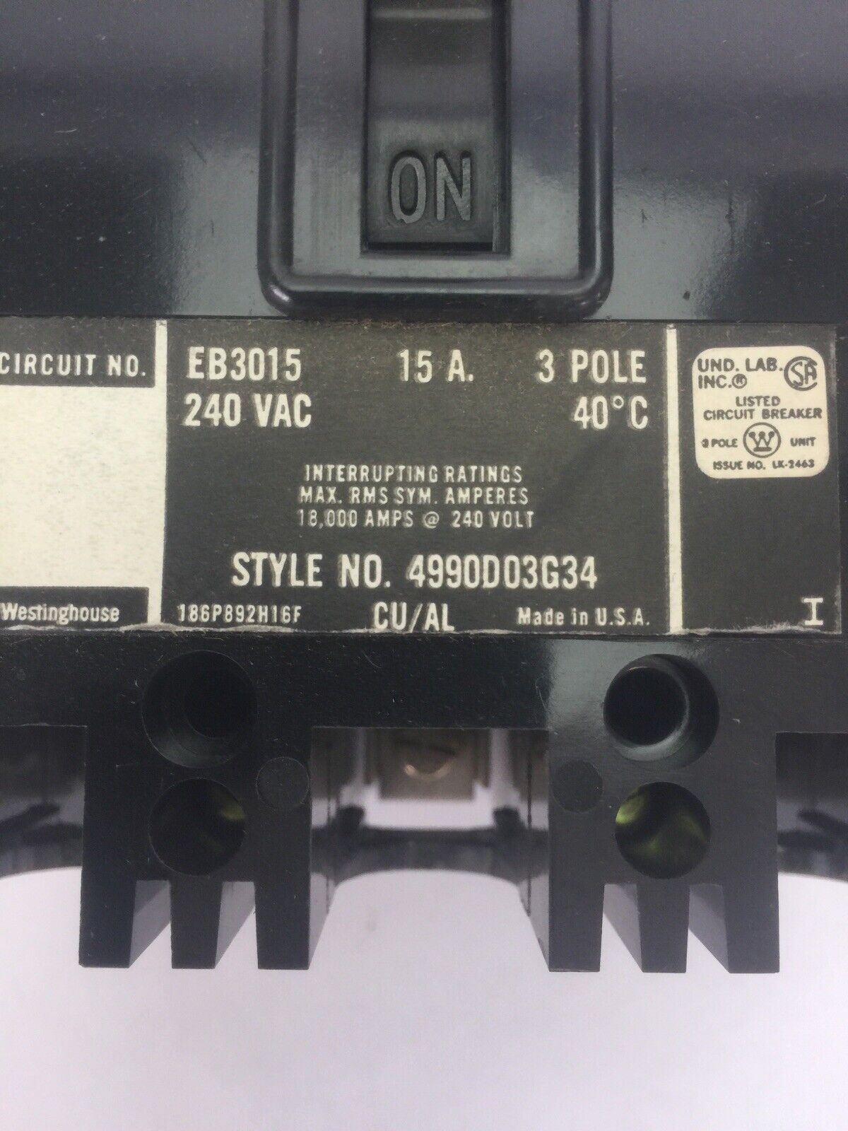 WESTINGHOUSE EB3015 AB DE-ION CIRCUIT BREAKER 15A 240VAC 3 POLE 4990D03G34