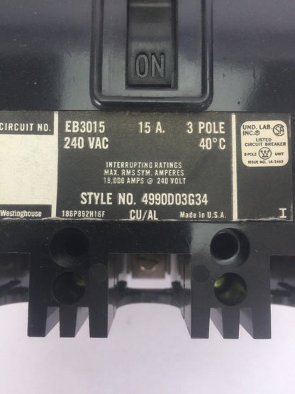 WESTINGHOUSE EB3015 AB DE-ION CIRCUIT BREAKER 15A 240VAC 3 POLE 4990D03G34