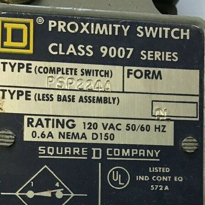 SQUARE D 9007 PSP224A PROXIMITY SWITCH 120VAC 50/60HZ 0.6A NEMA D150 SERIES A