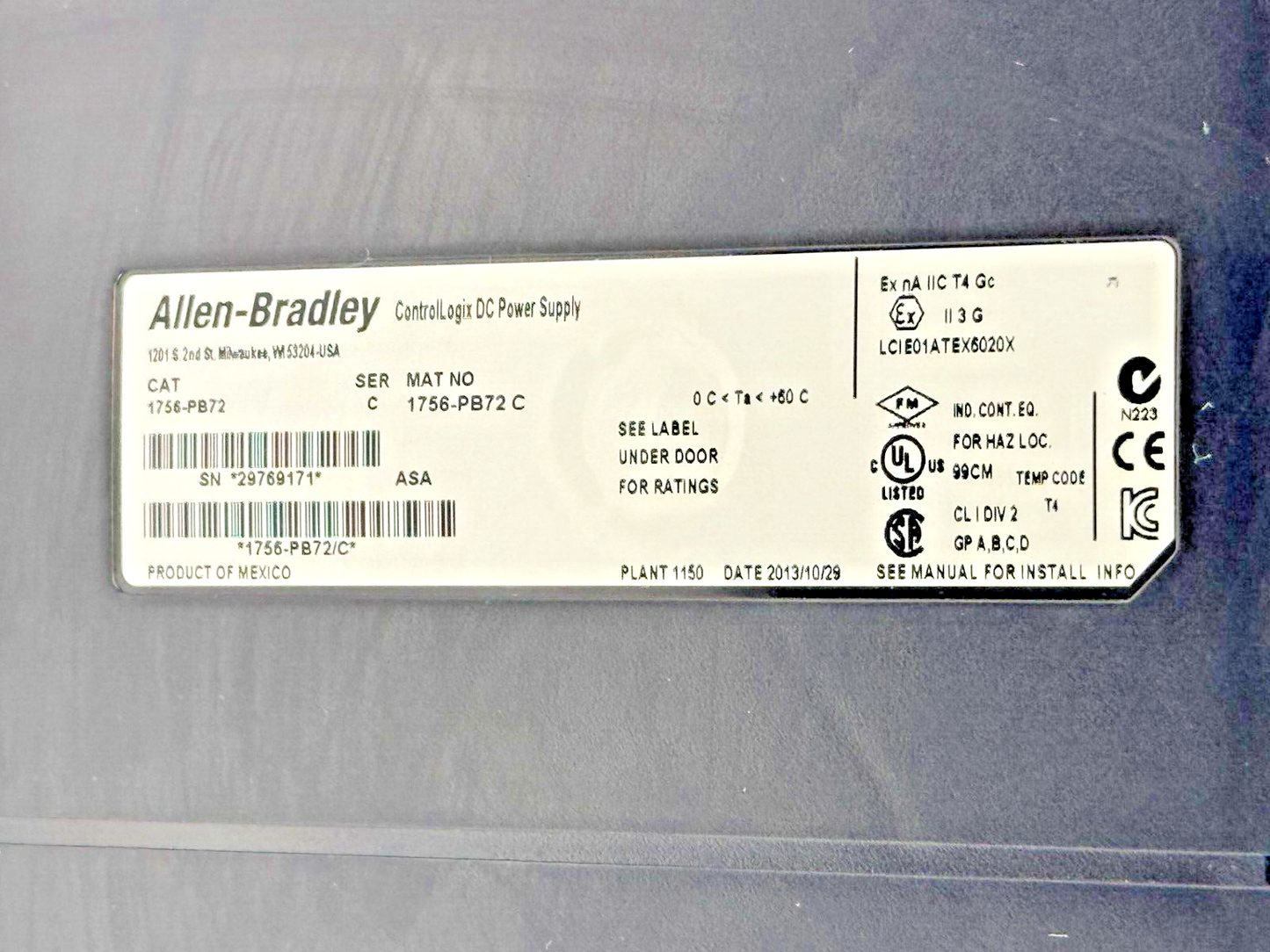ALLEN-BRADLEY - 1756-PB72 SER. C - CONTROLLOGIX DC POWER SUPPLY & 1756-A10 B