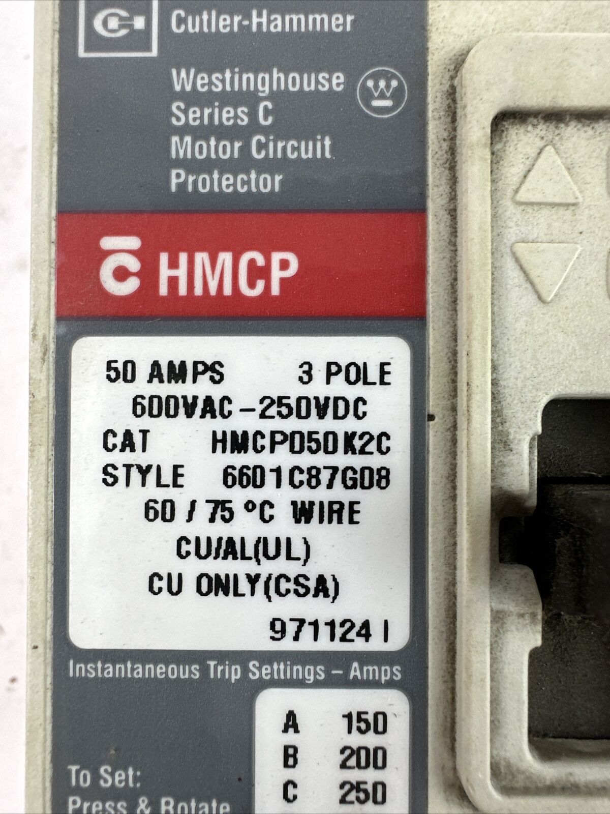 CUTLER HAMMER HMCP050K2C 50A 600VAC 250VDC 3P SER C MOTOR PROTECTOR 6601C87G08