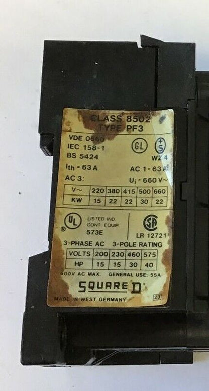 SQUARE D CLASS 8502 TYPE PF3.22 63A 600VAC 40HP 3PHASE