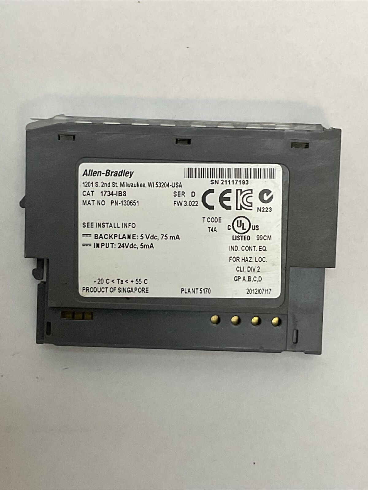 ALLEN BRADLEY 1734-IB8 INPUT MODULE SER D FW 3.022