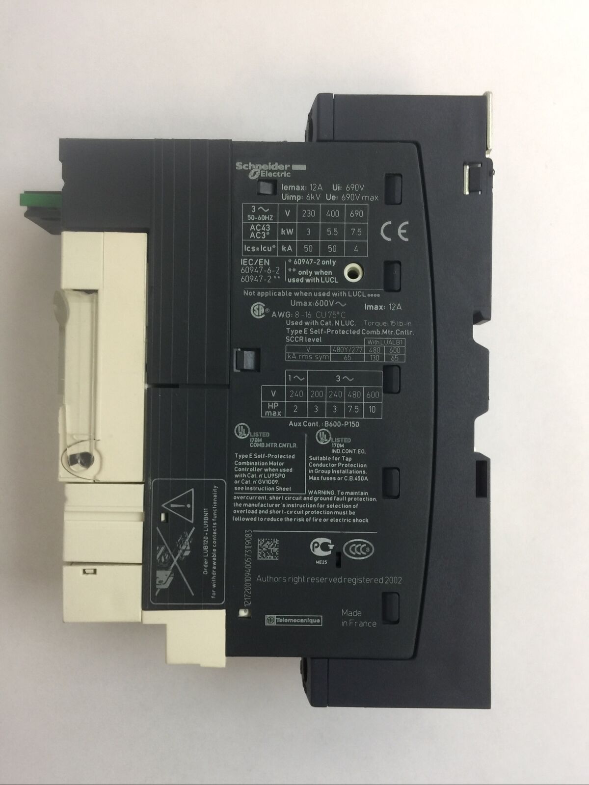 SCHNEIDER LUB12 MOTOR STARTER 600VAC 12A 10HP LUCA1XBL CONTROL UNIT 24VDC
