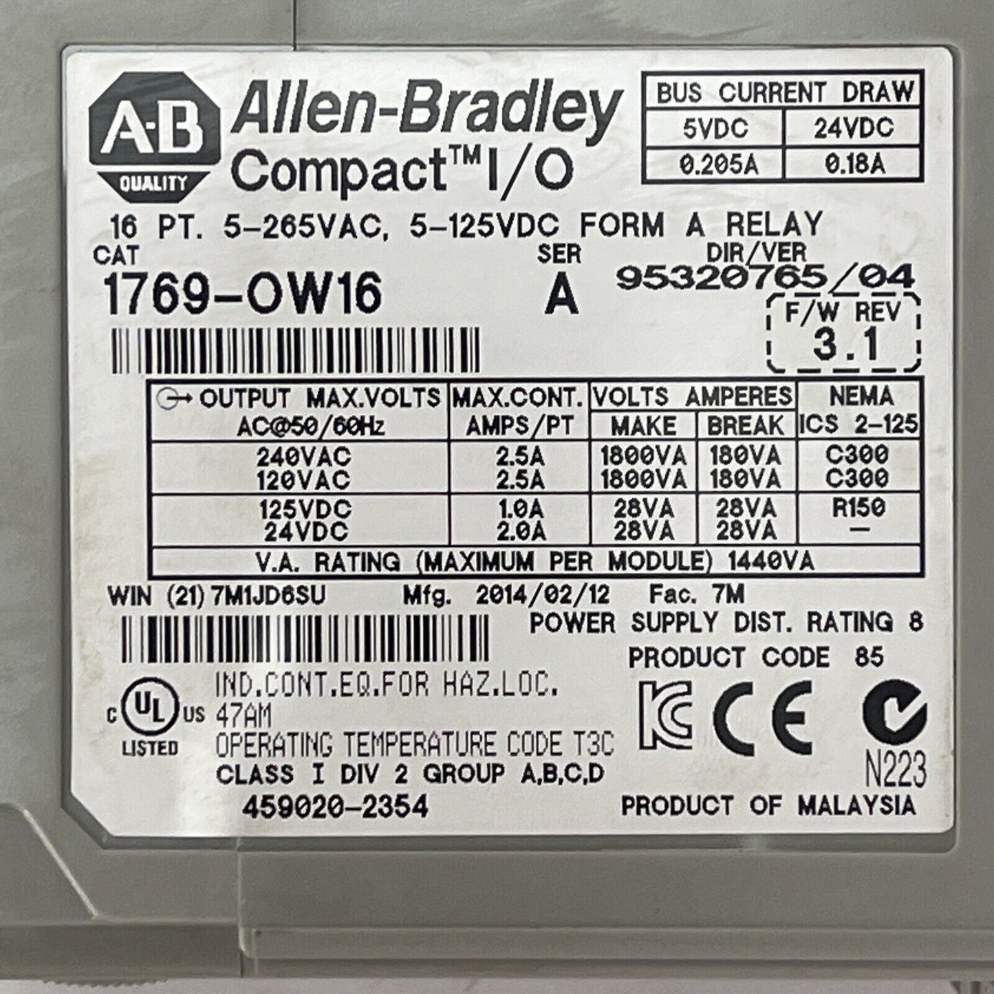 ALLEN BRADLEY 1769-OW16 SER A F/W REV 3.1 16PT 5-265VAC 5-125VDC FORM A RELAY