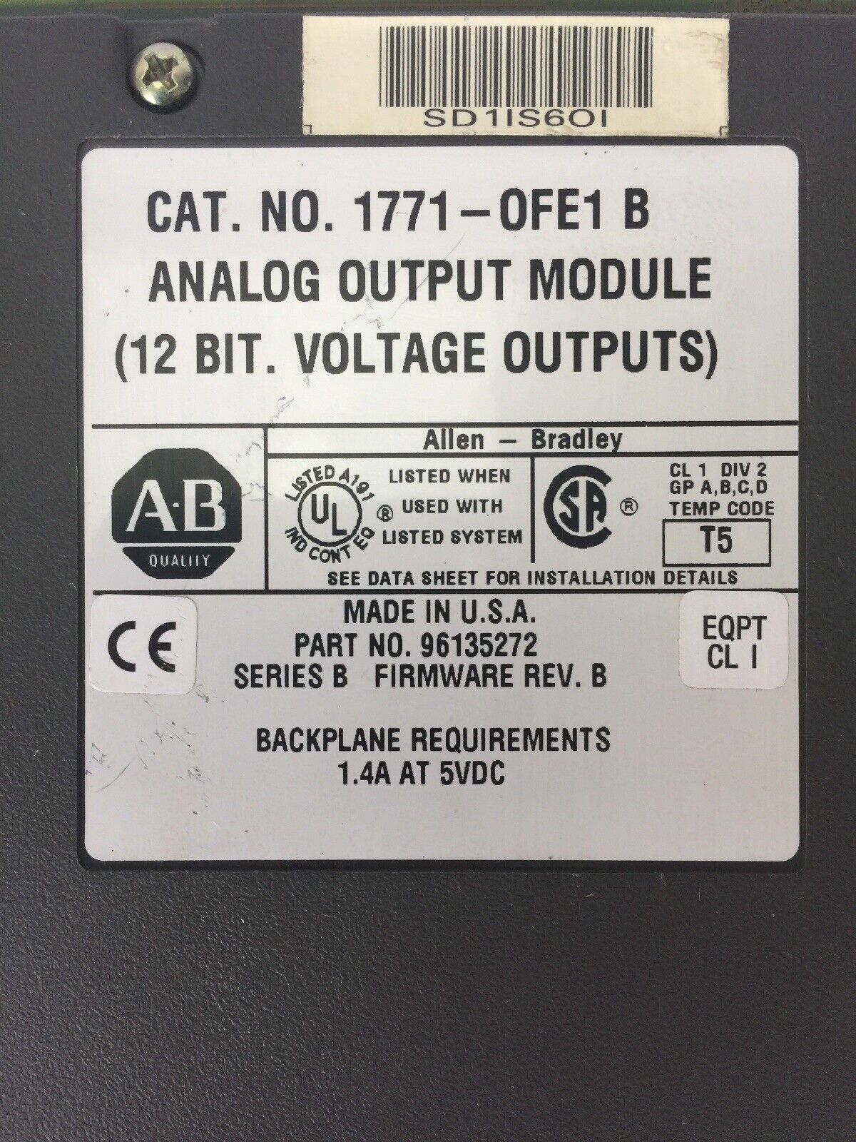 ALLEN BRADLEY 1771-OFE1 ANALOG OUTPUT MODULE (12 BIT VOLTAGE OUTPUTS) SERIES B
