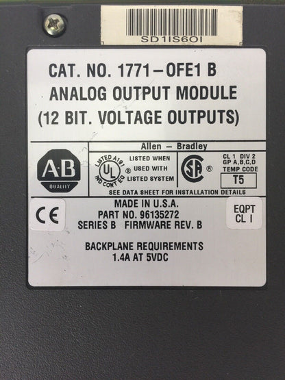ALLEN BRADLEY 1771-OFE1 ANALOG OUTPUT MODULE (12 BIT VOLTAGE OUTPUTS) SERIES B