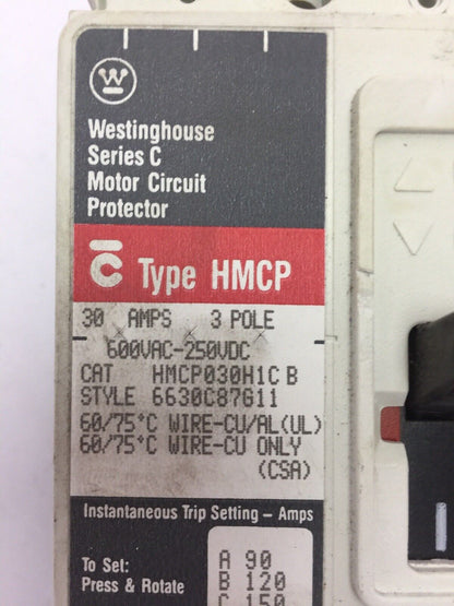 WESTINGHOUSE HMCP030H1C B 30AMP 600VAC 250VDC MOTOR CIRCUIT PROTECTOR SERIES C