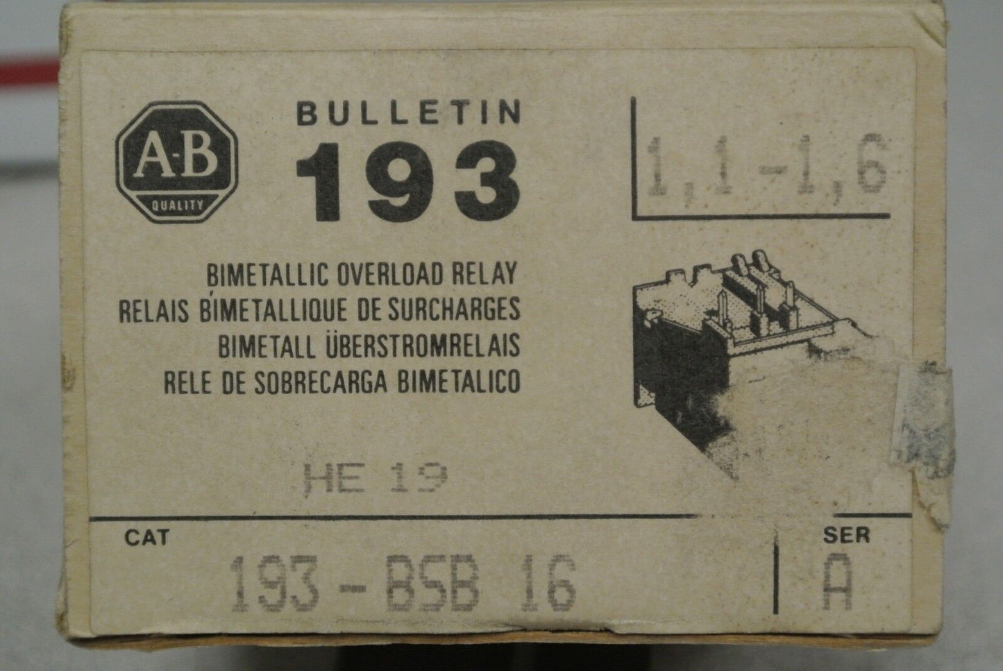 ALLEN-BRADLEY 193-BSB16 Ser. A  BIMETALLIC OVERLOAD RELAY 1.1-1.6A / NEW SURPLUS