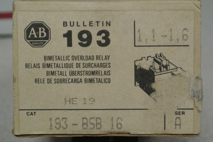 ALLEN-BRADLEY 193-BSB16 Ser. A  BIMETALLIC OVERLOAD RELAY 1.1-1.6A / NEW SURPLUS