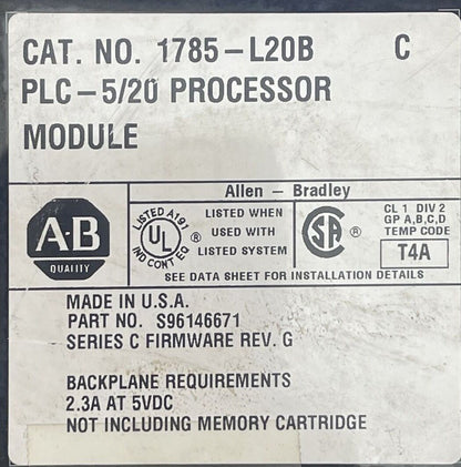 ALLEN BRADLEY 1785-L20B PLC 5/20 PROCESSOR MODULE SER C FIRMWARE REV G 2.5A@5VDC
