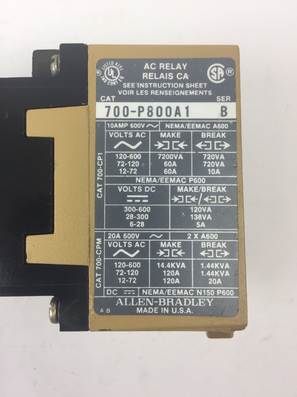ALLEN BRADLEY 700-P800A1 AC RELAY 115-120V 60HZ 110V 50HZ SER B