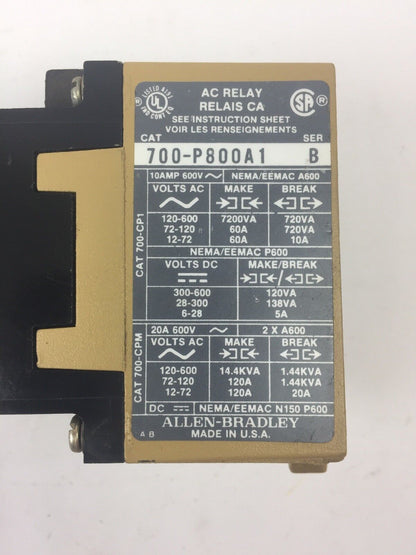 ALLEN BRADLEY 700-P800A1 AC RELAY 115-120V 60HZ 110V 50HZ SER B