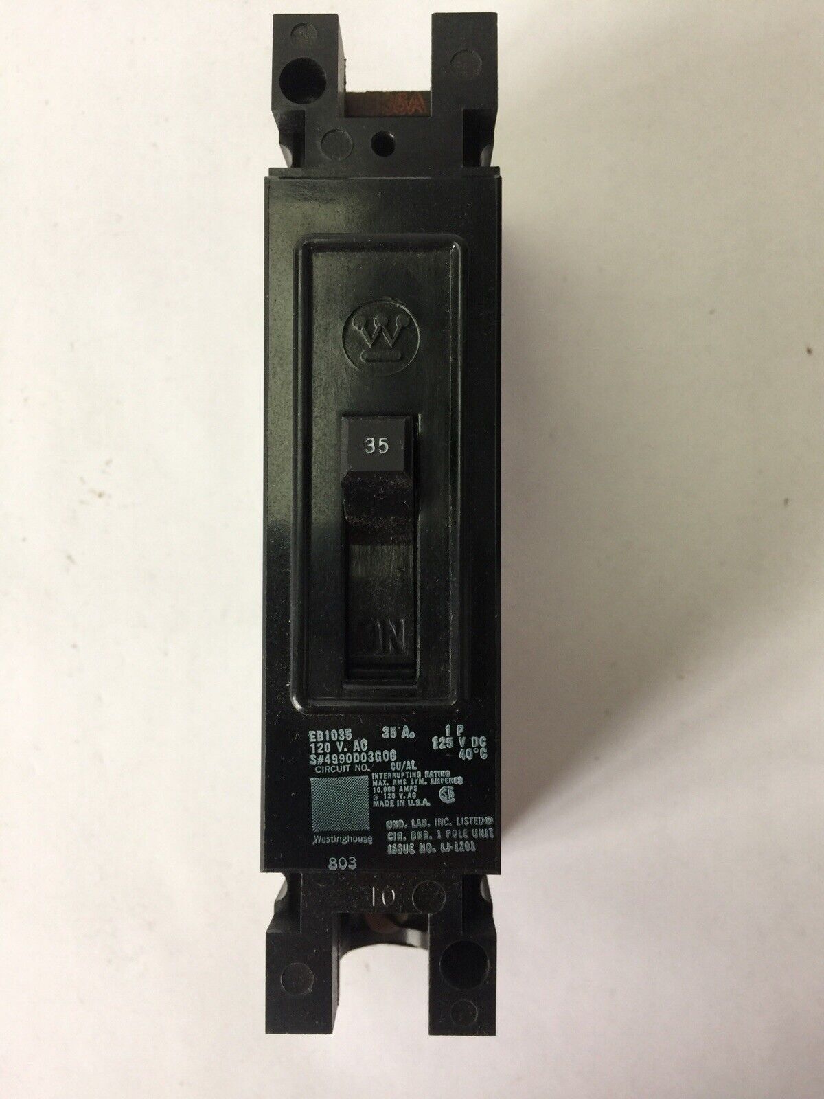 WESTINGHOUSE EB1035 CIRCUIT BREAKER 35AMP 1POLE 120/240VAC 125VDC 4990D03G06
