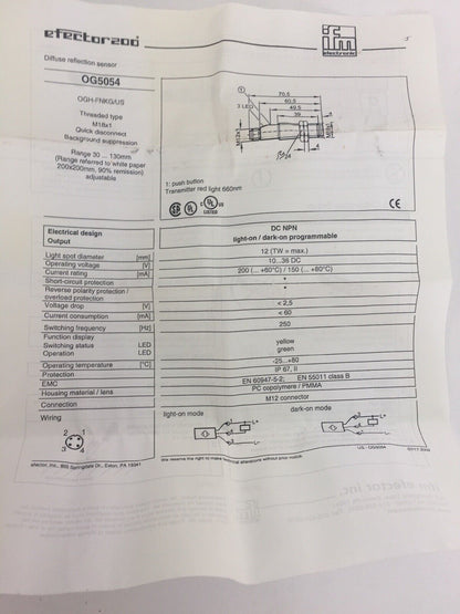 IFM EFECTOR 200 OG5056 0GTLFPKG/V4A/US PHOTO ELECTRIC SENSOR