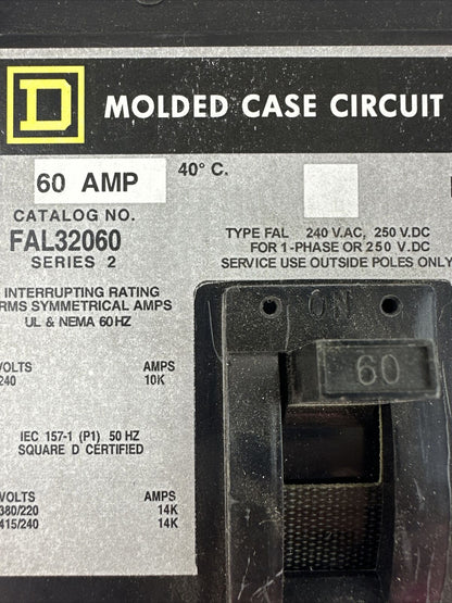 SQUARE D FAL32060 SER 2 CIRCUIT BREAKER 250VDC 240VAC 60AMP 3POLE