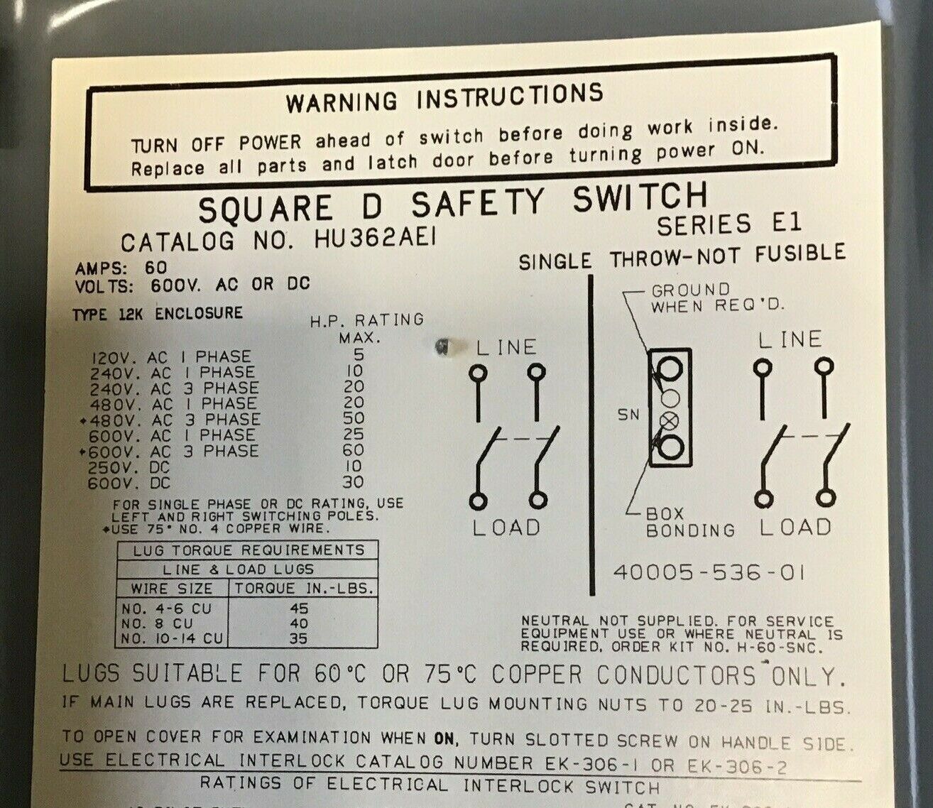 SQUARE D HU362AEI SAFETY SWITCH SER.E1 60A  NON FUSIBLE 600VAC/VDC 240VAC