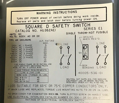 SQUARE D HU362AEI SAFETY SWITCH SER.E1 60A  NON FUSIBLE 600VAC/VDC 240VAC