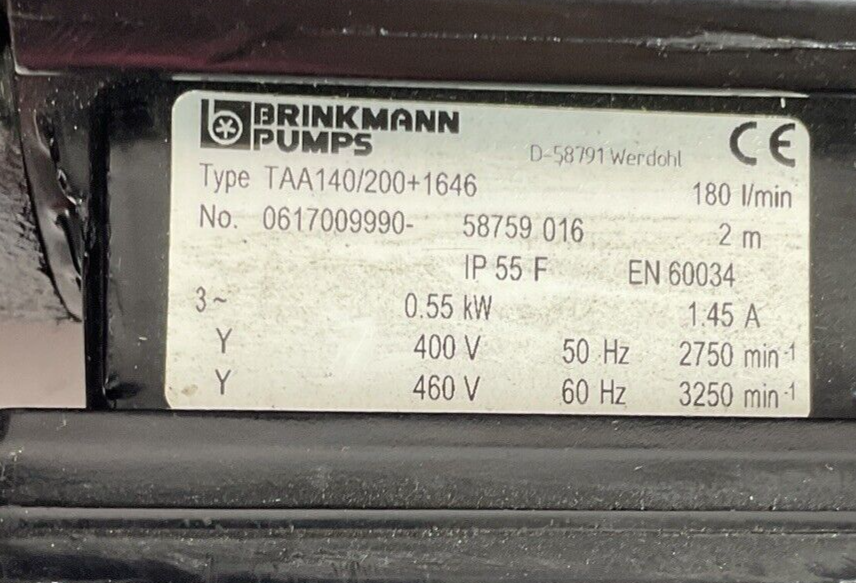BRINKMANN PUMPS TAA140/200+1646 IMMERSION PUMPS 400-460V 50/60HZ 0.55KW 180I/MIN