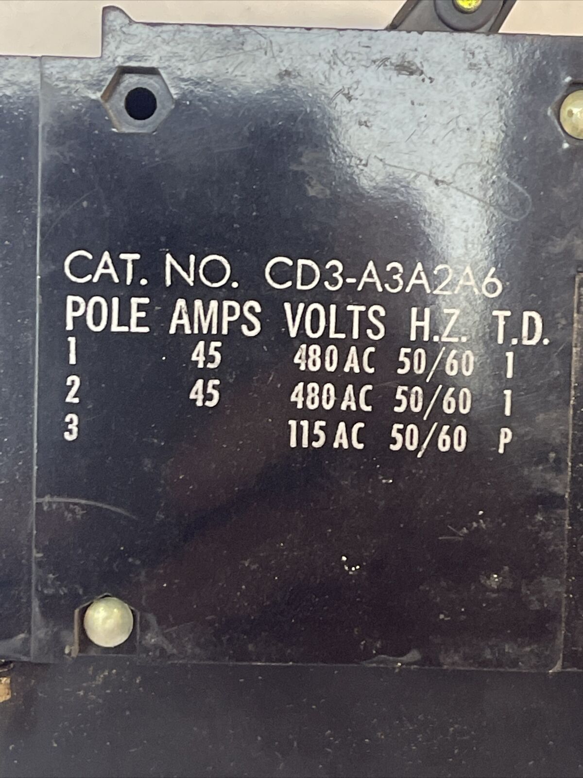 HEINEMANN CD3-A3A2A6 CIRCUIT BREAKER POLE 1 & 2 45AMPS 480VAC POLE 3 115VAC