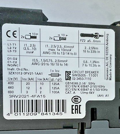SIEMENS 3RV2021-4FA15 MOTOR CONTROL 24-40A