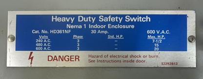 SYLVANIA HD361NF SAFETY SWITCH NON-FUSIBLE 30AMP 240-600VAC 3PH 20HP MAX