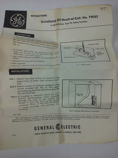 GE TNI62 MOD.1 INSULATED GROUNDABLE NEUTRAL 600V, 60A, NEMA 1& 3R (LOT OF 2)