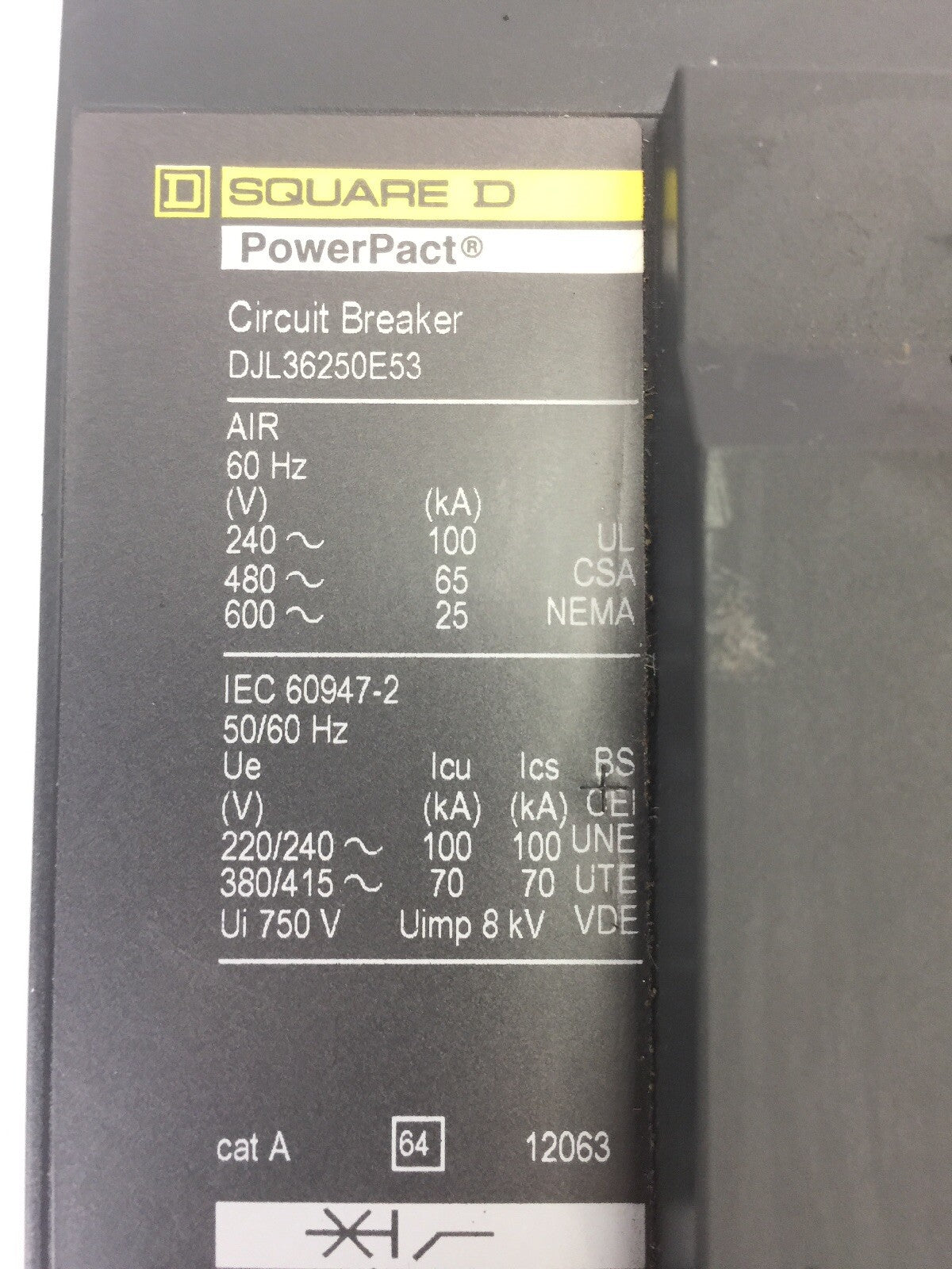SQUARE D DJL36250E53 POWER PACK CIRCUIT BREAKER 600 VAC 250A