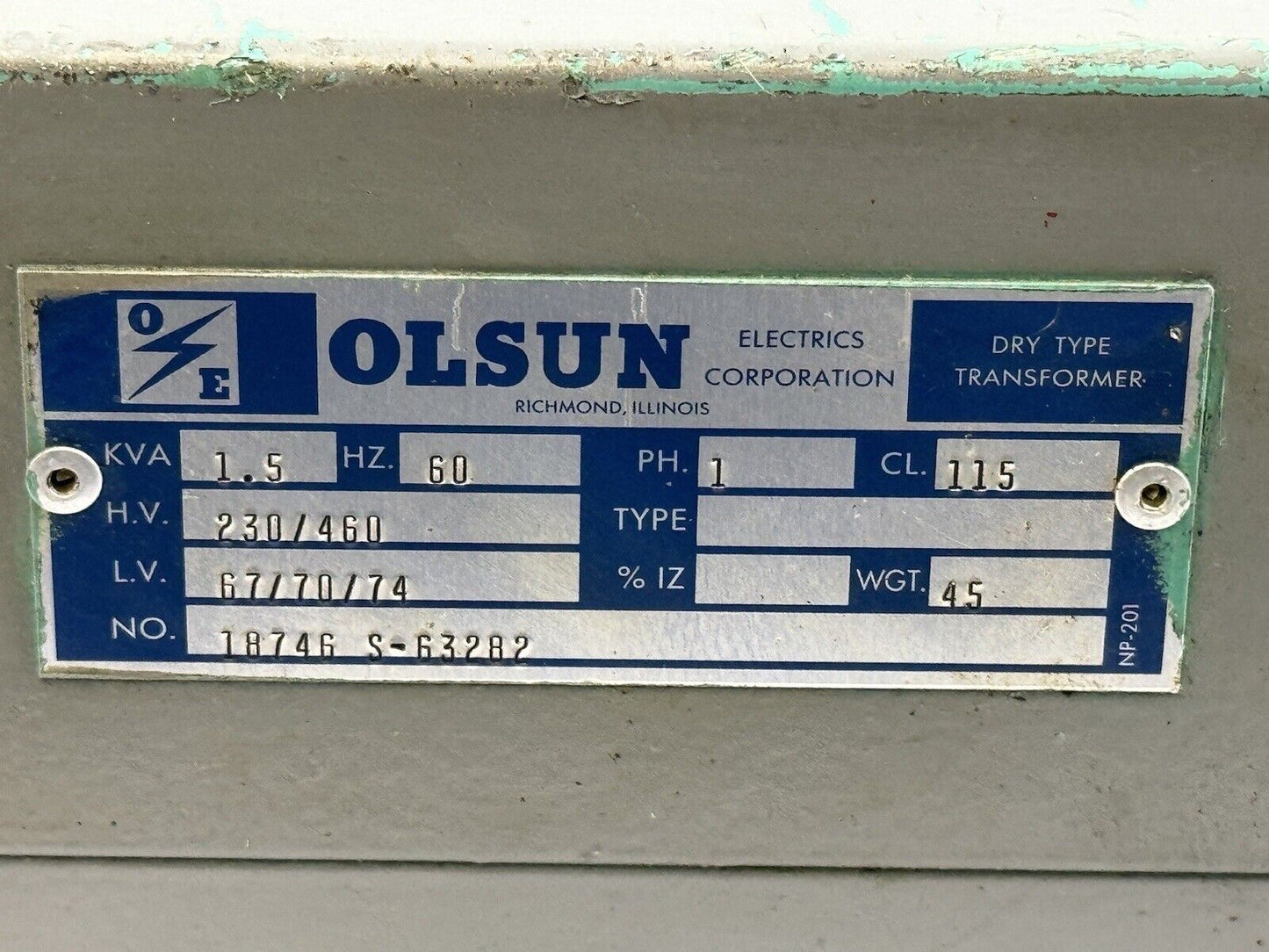 OLSUN - 18746 S-632282 - DRY TYPE TRANSFORMER - 1.5 KVA, 60 HZ, 1 PH, 230/460 HV