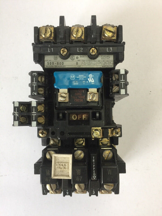 ALLEN BRADLEY 509-B0D SIZE 1 STARTER 600VAC 27AMP 10HP W47 HEATERS 120V COIL