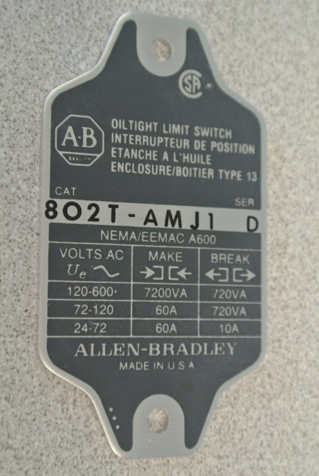 ALLEN-BRADLEY 802T-AMJ1 OILTIGHT LIMIT SWITCH / LEVER TYPE / MAINT / NEW SURPLUS