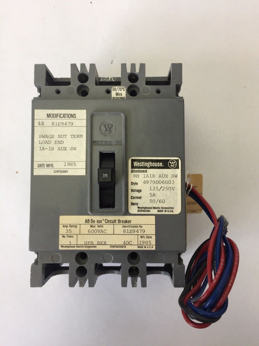 WESTINGHOUSE HFB3035 AB DE-ION CIRCUIT BREAKER 35AMP 600VAC 3POLE 4979D06G03