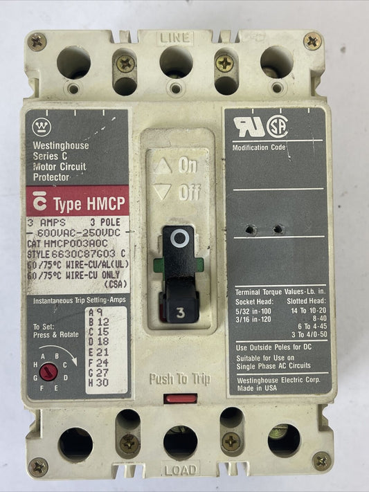 WESTINGHOUSE HMCP003A0C SER C 3AMP 600VAC 250VDC 3POLE 6630C87G03 C