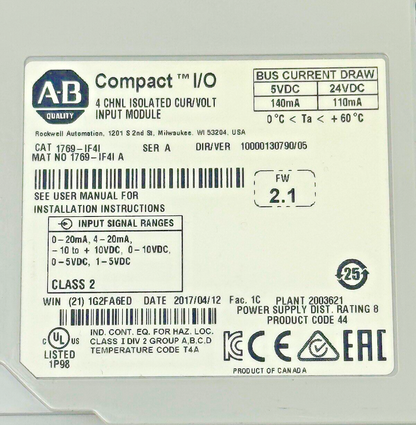 ALLEN-BRADLEY - 1769-IF4I SER. A, F/W REV 2.1, DIR/VER 10000130790/04