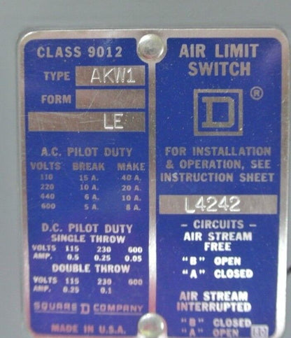 SQUARE D 9012 AKW-1 - AIR LIMIT SWITCH -  NEW SURPLUS