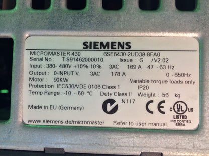 SIEMENS MICROMASTER 430 DRIVE 6SE6430-2UD38-8FA0, 120HP/90kW, 380-480V