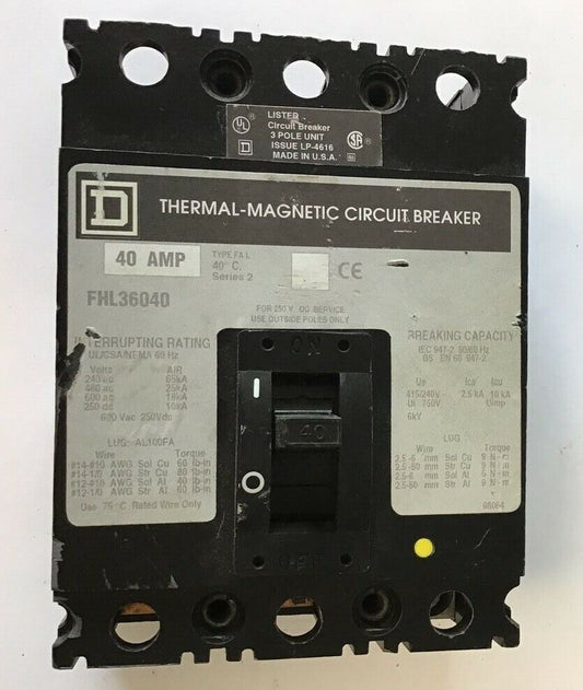 SQUARE D FHL36040 CIRCUIT BREAKER 40A 600VAC 250VDC
