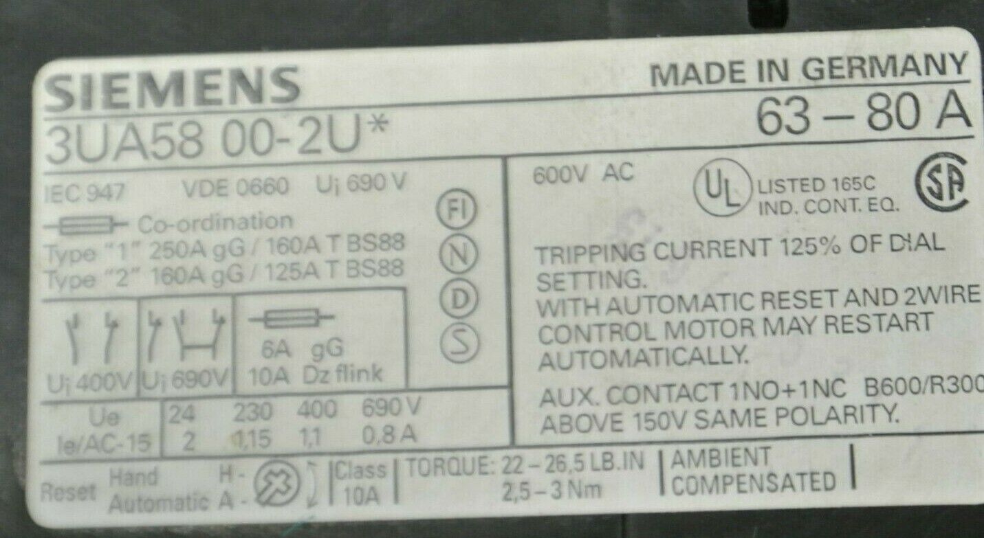 SIEMENS 3UA58 00-2U* OVERLOAD RELAY / 63-80 AMP