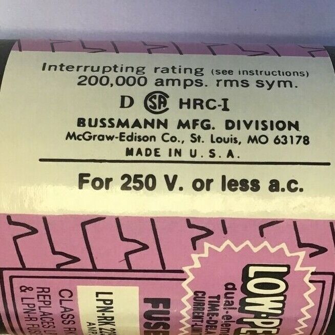 BUSSMAN LPN-RK-225 LOW PEAK DUAL-ELEMENT  TIME DELAY 225A CLASS RK1 250VAC