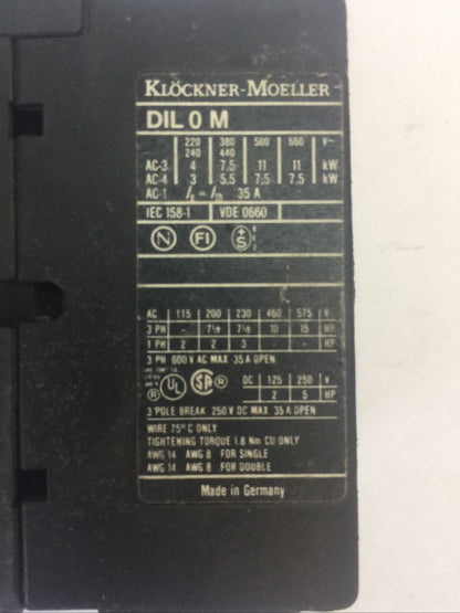 KLOCKNER MOELLER STARTER DIL 0M CONTACTOR 3POLE 250VDC 35A 15HP COIL 120V 60HZ