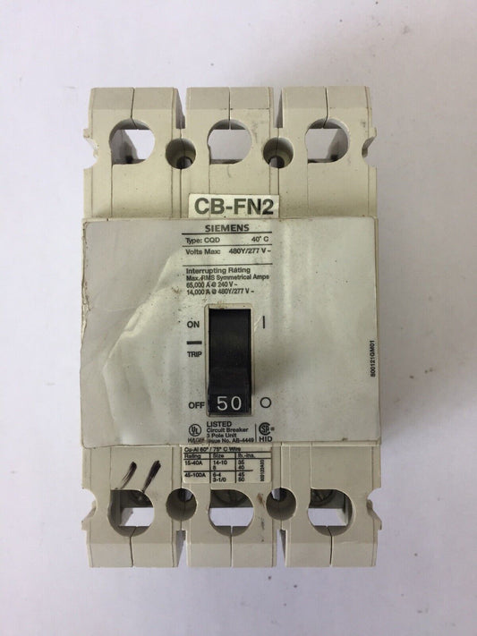 SIEMENS CQD350 CIRCUIT BREAKER 50 AMP 480Y/277 VAC 3 POLE