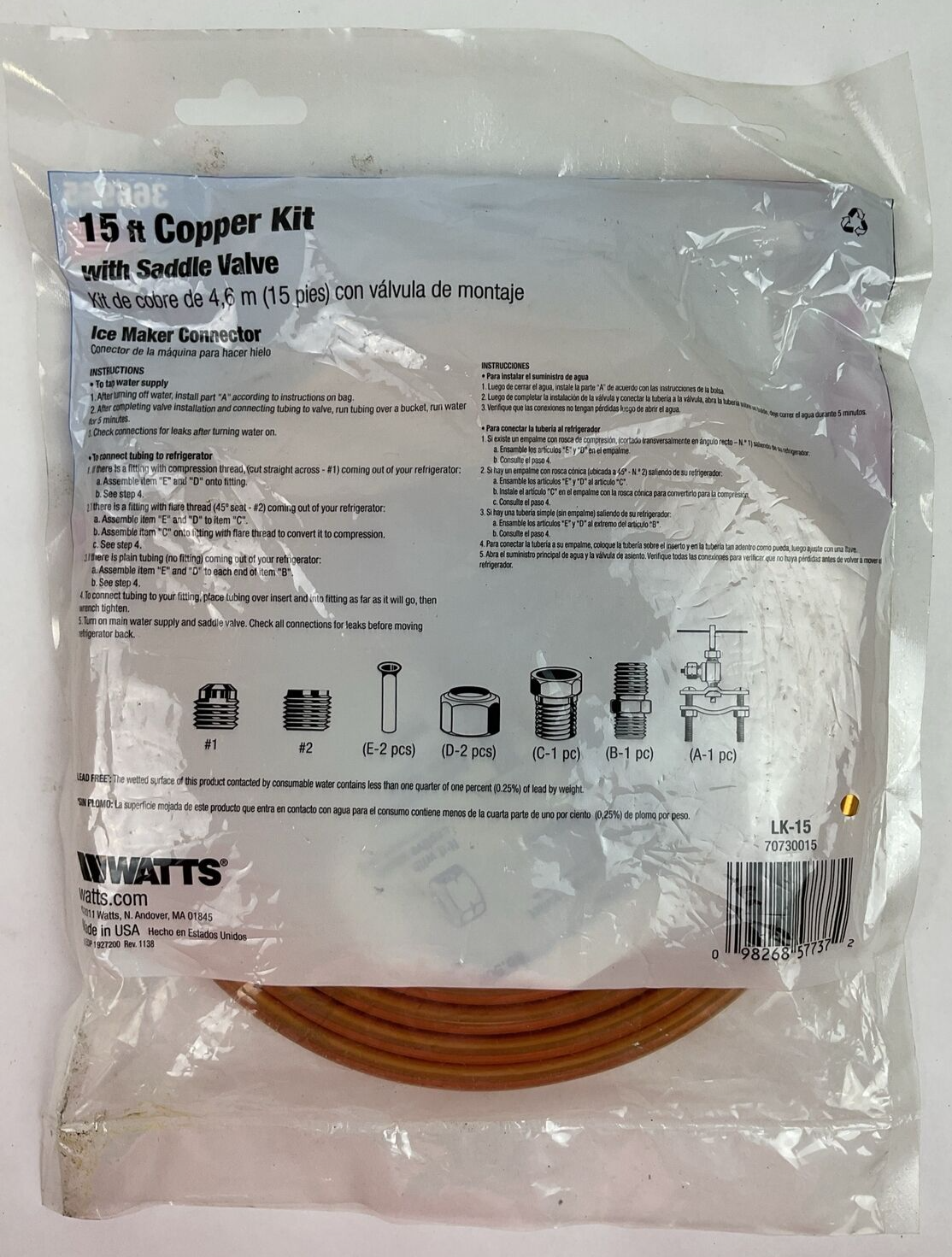 WATTS 366965 15FT COPPER KIT WITH SADDLE VALVE ICE MAKER CONNECTOR 1/4"